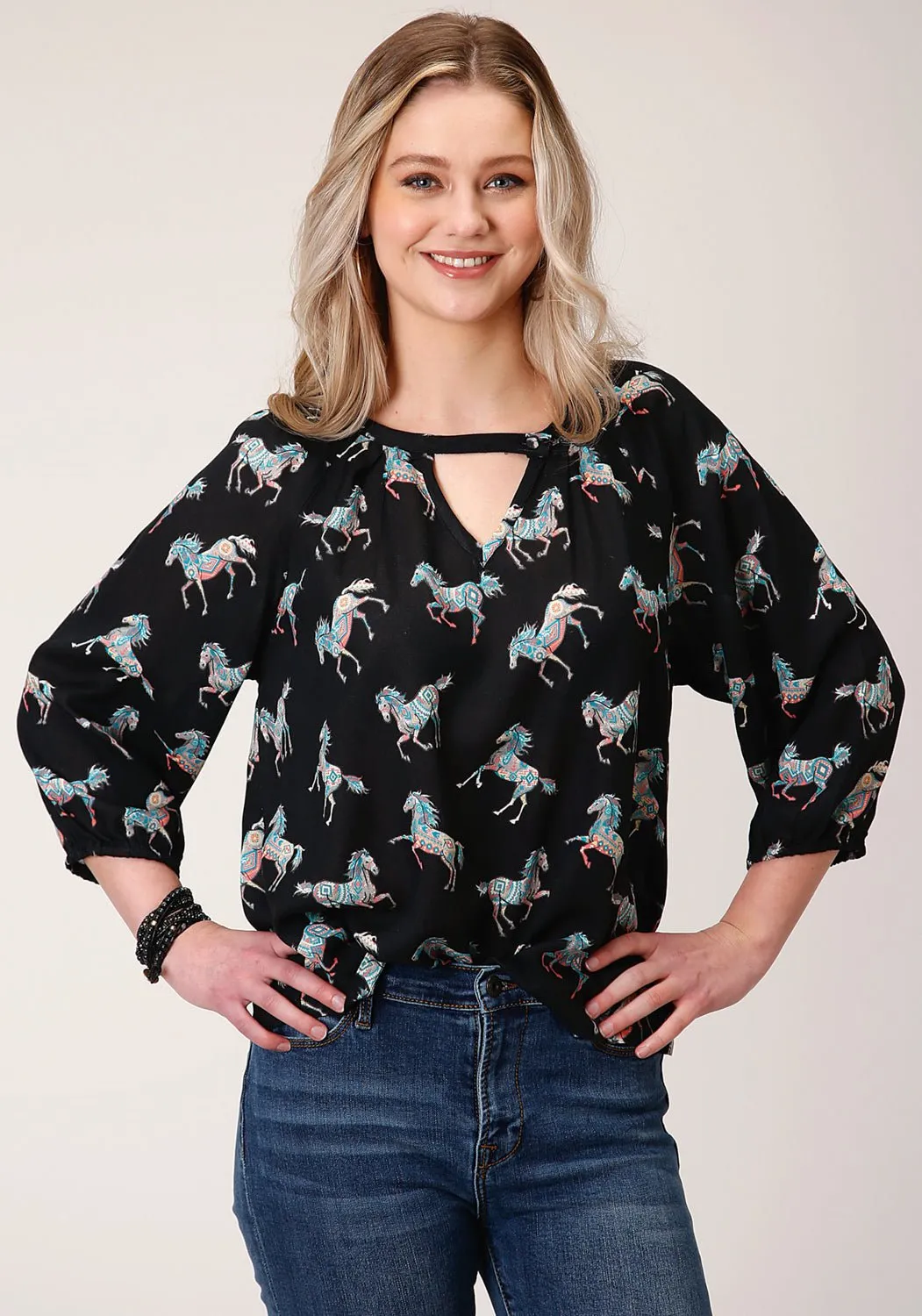 Roper Womens Black Rayon/Nylon Wild Horses 3/4 Sleeve Blouse Chic Option