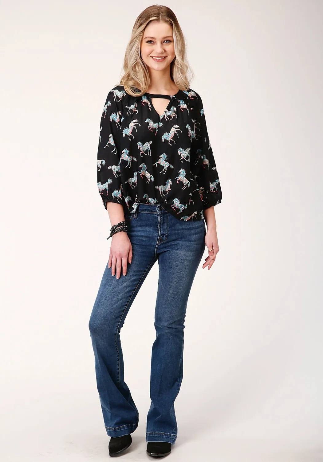 Roper Womens Black Rayon/Nylon Wild Horses 3/4 Sleeve Blouse Active Fit