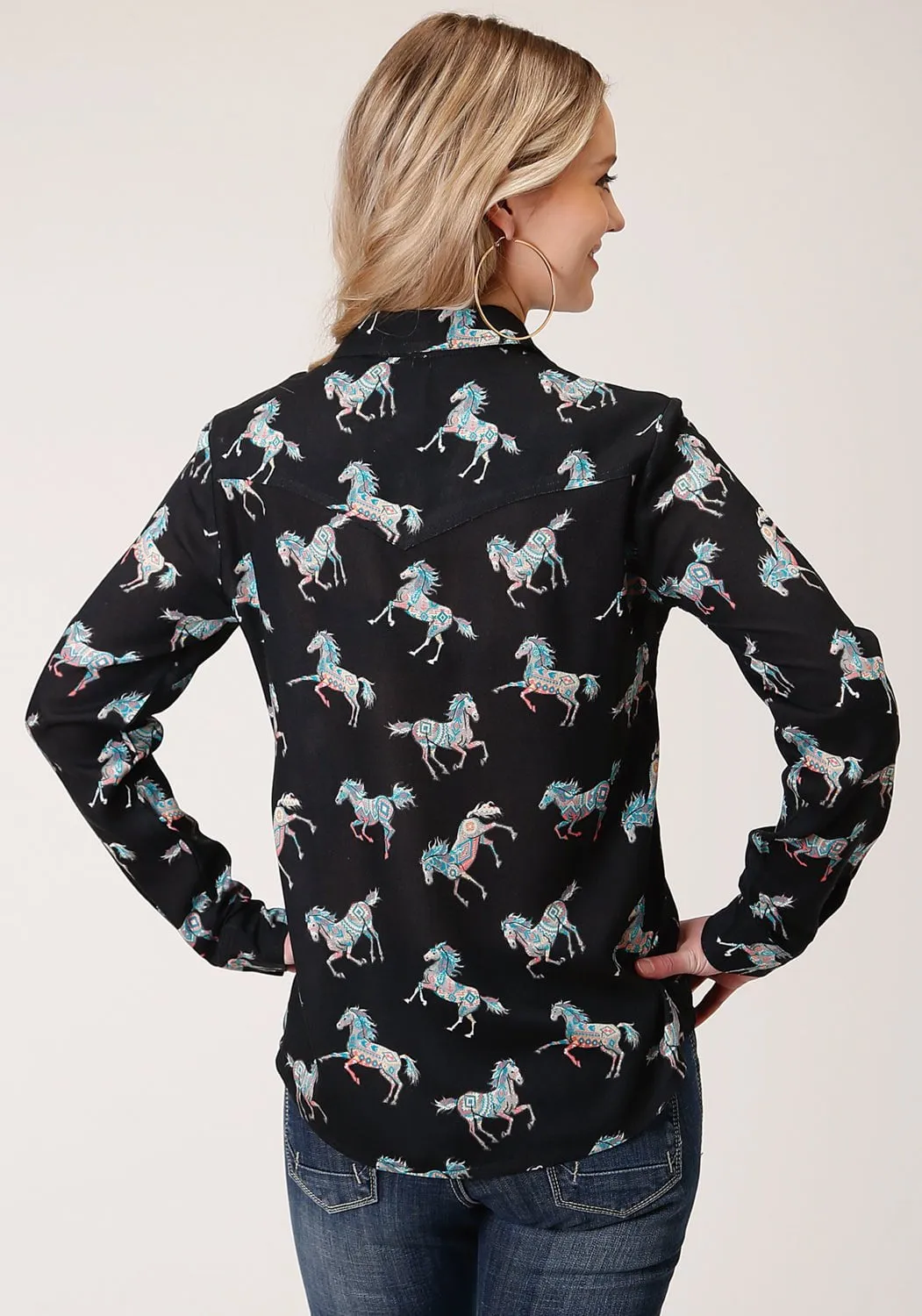 Roper Womens Black Rayon/Nylon Wild Horses L/S Blouse Outfit Ease
