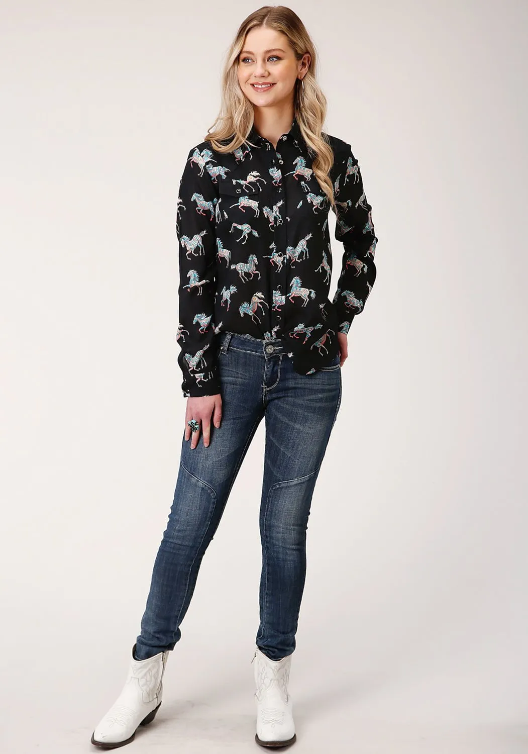 Fashion Routine Wide Leg Silhouette Roper Womens Black Rayon/Nylon Wild Horses L/S Blouse