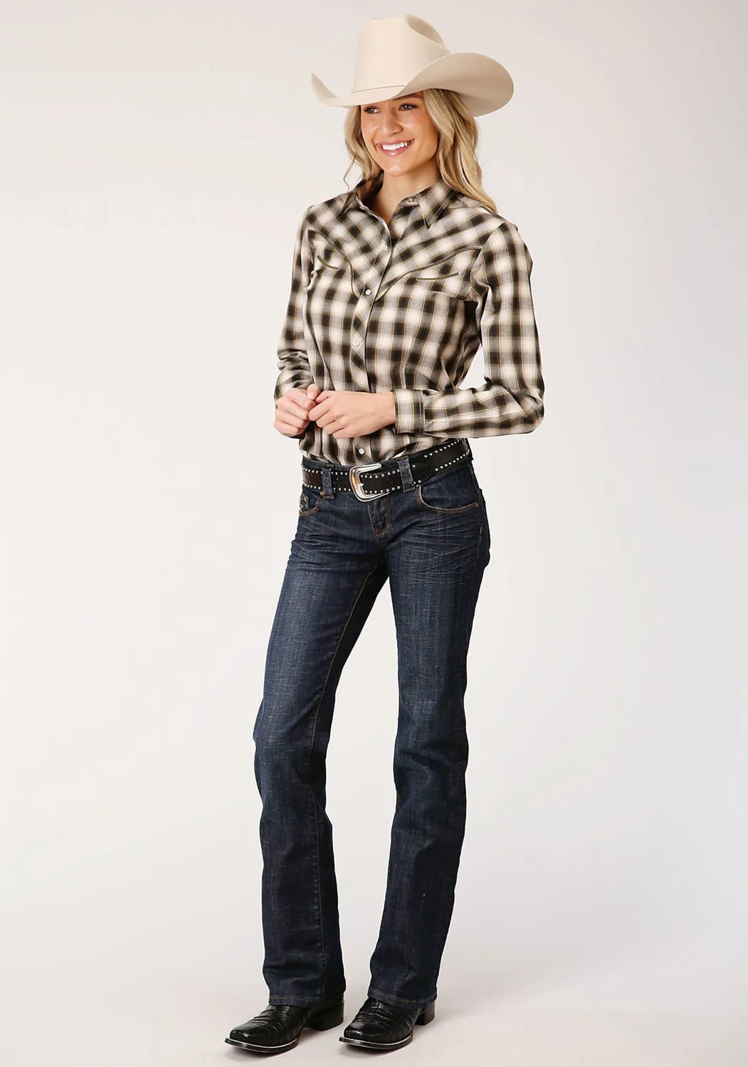 Foundation Wear Roper Womens Black/Cream Cotton Blend Olive Plaid L/S Shirt