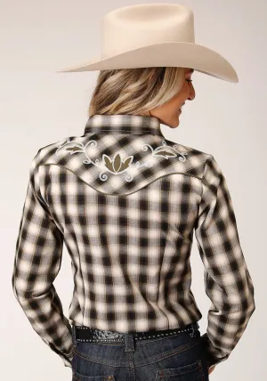 Roper Womens Black/Cream Cotton Blend Olive Plaid L/S Shirt Casual Wear All Around No Iron Wear Roper Womens Black/Cream Cotton Blend Olive Plaid L/S Shirt