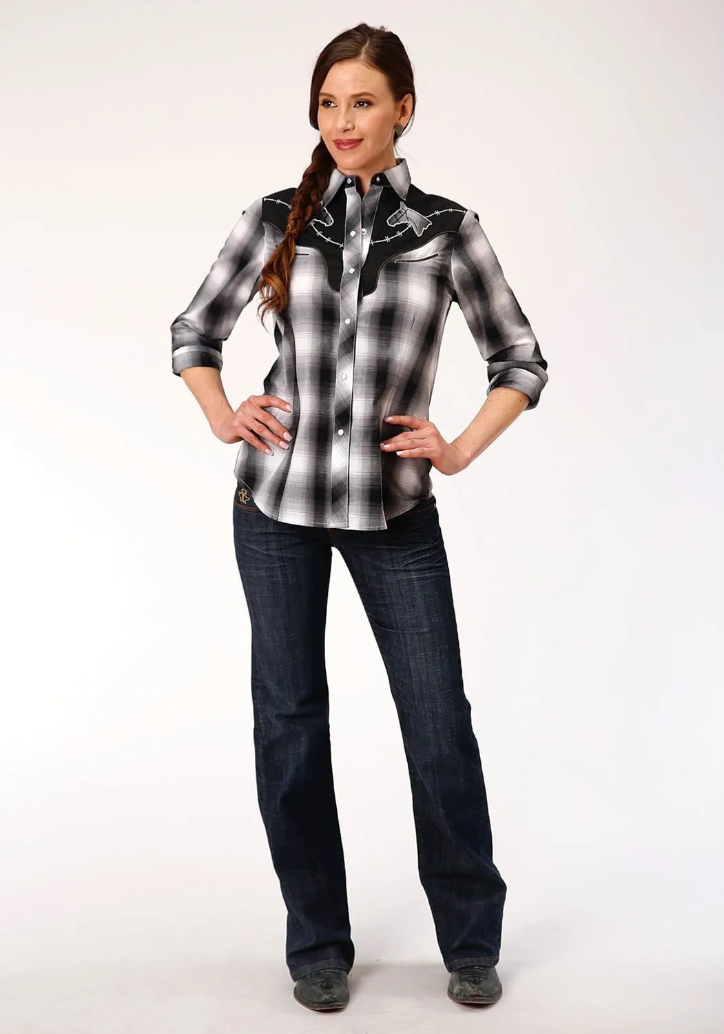 Roper Womens Black/Gray Cotton Blend Fancy Applique L/S Shirt Slim Family Style Daily Wear Stretch Road Trip Brunch Outfit