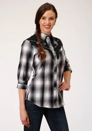 Roper Womens Black/Gray Cotton Blend Fancy Applique L/S Shirt Odor Control Finish Spring Mood Bold Look Common look Roper Womens Black/Gray Cotton Blend Fancy Applique L/S Shirt