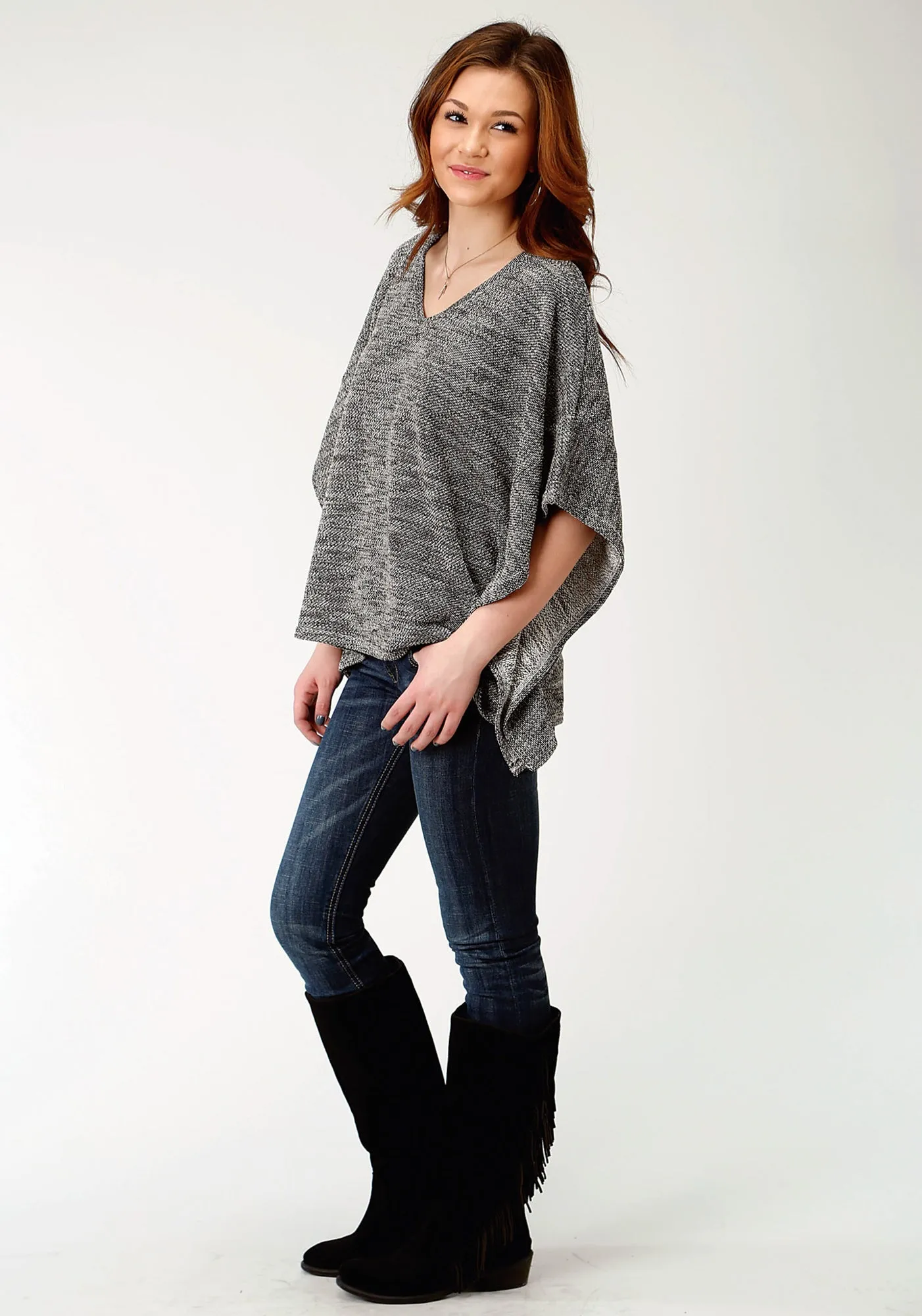 Grab And Go Light Wear Roper Womens Black/White Cotton Blend V-Neck Poncho Sweater