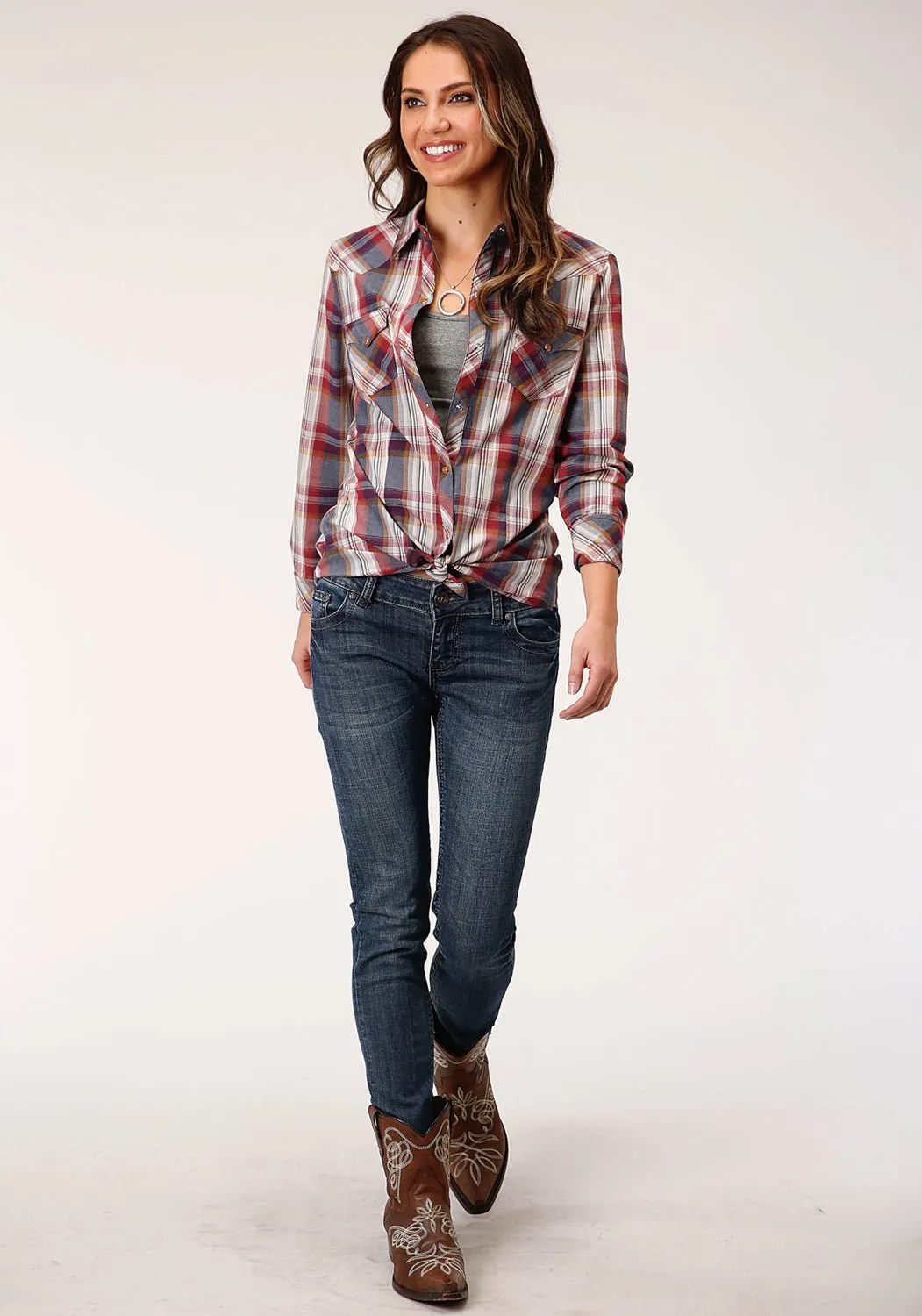 Laidback Style Everyday Shopping Day Roper Womens Blue 100% Cotton Honor Plaid L/S Shirt