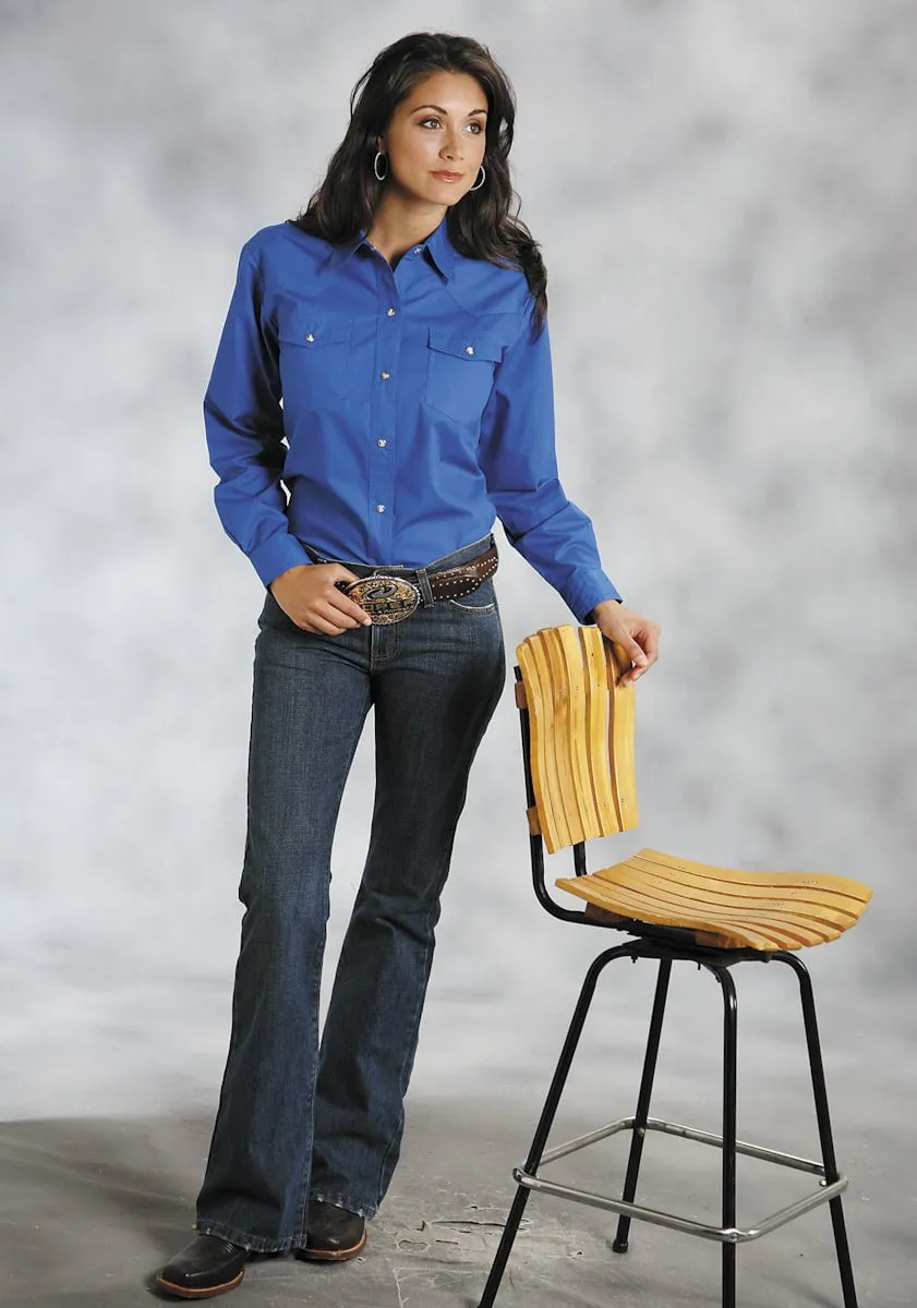 Perfect Wear Roper Womens Blue 100% Cotton L/S Solid Poplin Snap L/S Western Shirt