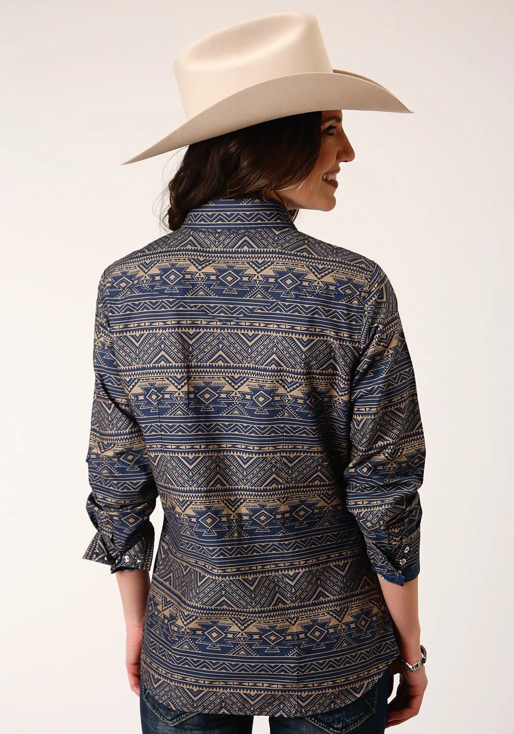 Roper Womens Blue 100% Cotton Navy Aztec Stripe L/S Shirt Minimalist Style Holiday Vibes Weekend Warrior Teen Outfit Bold Urban Explorer