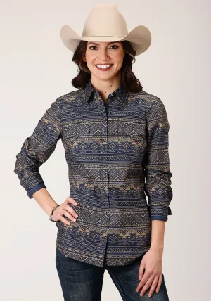 Roper Womens Blue 100% Cotton Navy Aztec Stripe L/S Shirt Hidden Stretch Roper Womens Blue 100% Cotton Navy Aztec Stripe L/S Shirt Match With All