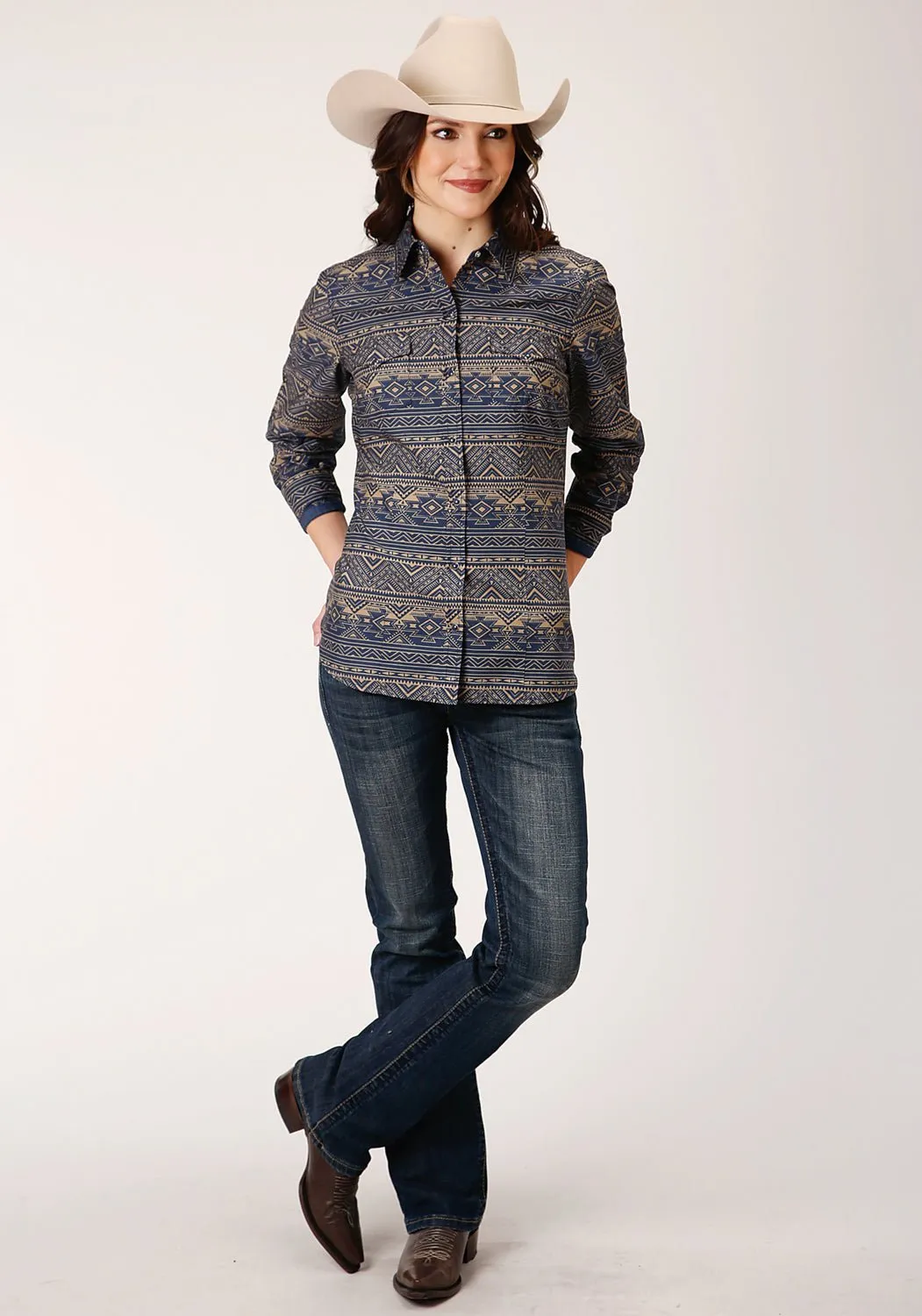 Roper Womens Blue 100% Cotton Navy Aztec Stripe L/S Shirt Work Ready Earthy Style Daily