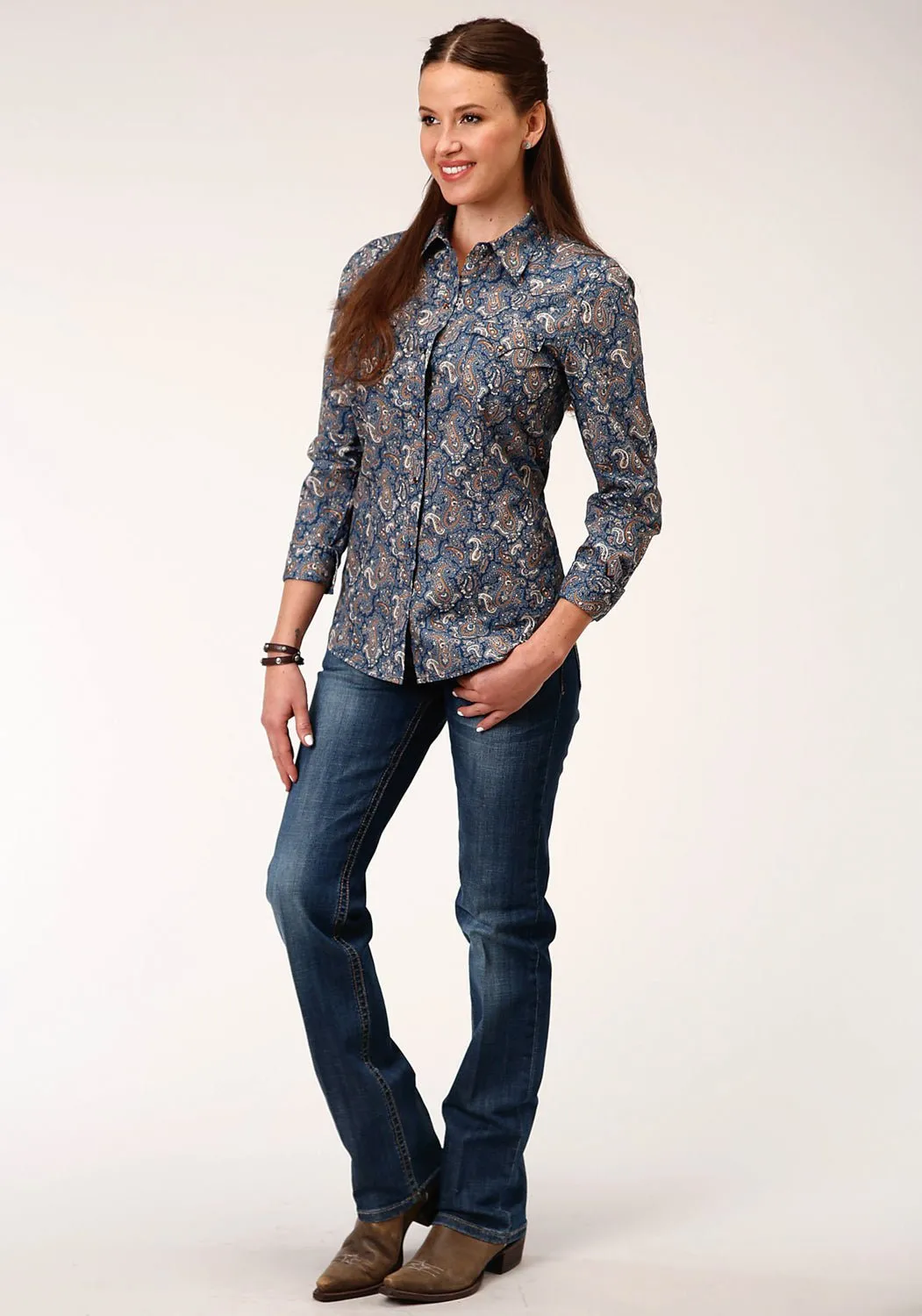 Smart Look Daily Wear Summer Vibes Music Event Roper Womens Blue 100% Cotton River Paisley L/S Shirt