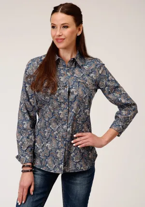 Roper Womens Blue 100% Cotton River Paisley L/S Shirt Durable Feel Roper Womens Blue 100% Cotton River Paisley L/S Shirt Smart Basic