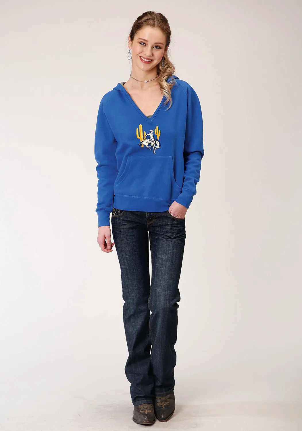 Minimalist Style Festival Outfit Loose Work Meeting Beach Day Roper Womens Blue Cotton Blend Bronc Rider Cactus Hoodie