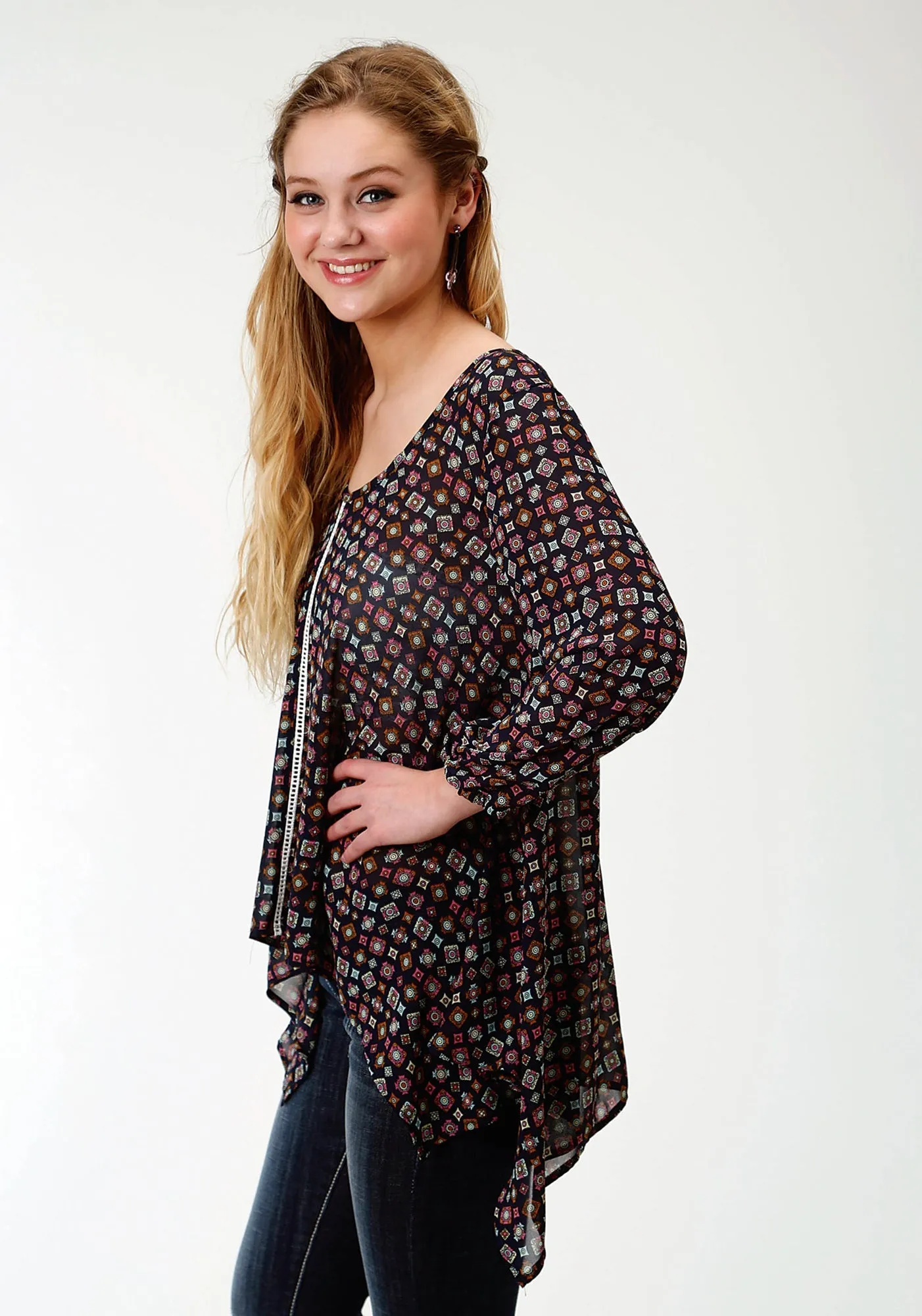 Flexible Wear Roper Womens Blue Polyester Crochet Trim L/S Tunic