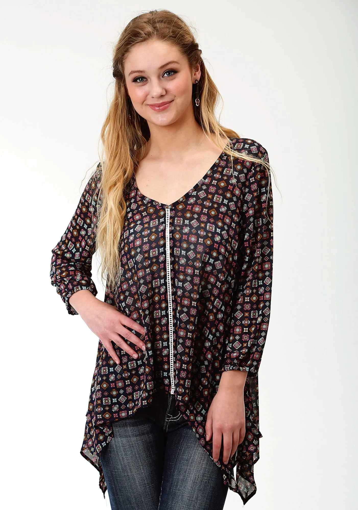 Roper Womens Blue Polyester Crochet Trim L/S Tunic Snug feel Sleek Fit