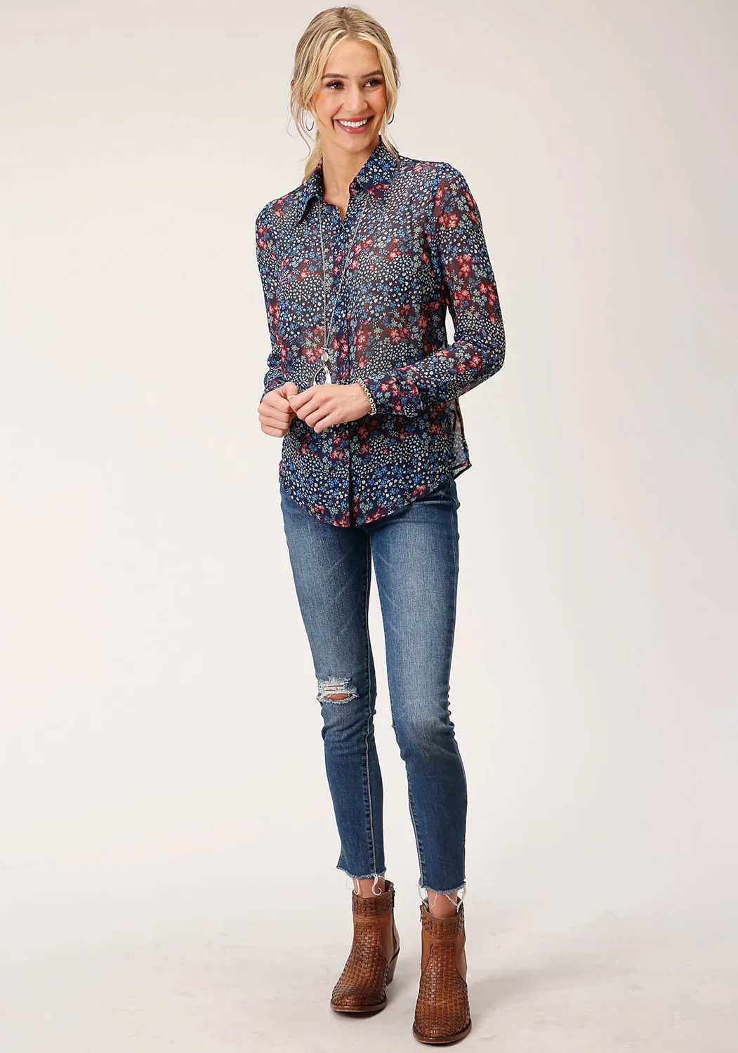 Roper Womens Blue Polyester L/S Shirt Odor control
