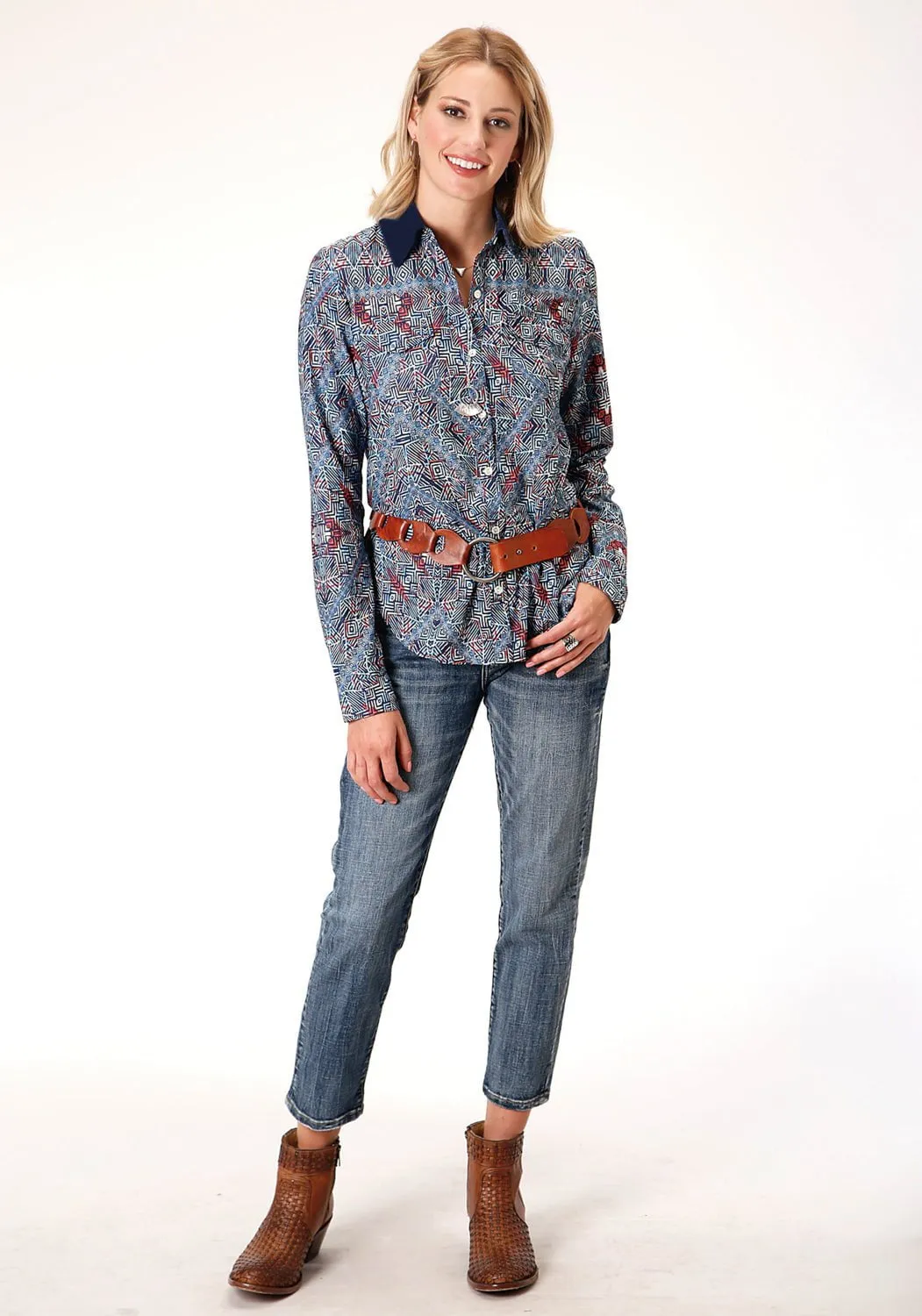 Roper Womens Blue Polyester Tribal Border L/S Western Blouse High-Quality Fabric premium design