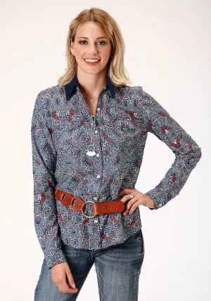 Roper Womens Blue Polyester Tribal Border L/S Western Blouse Repeat Wear Roper Womens Blue Polyester Tribal Border L/S Western Blouse Go To Look