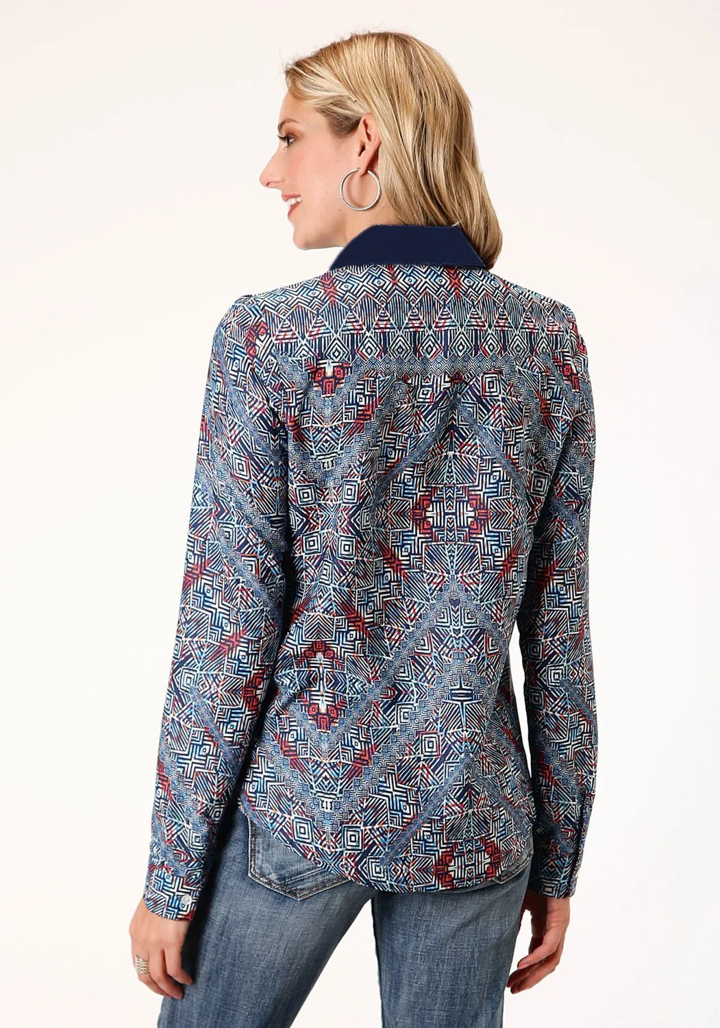 Beach Day Versatile Soft Roper Womens Blue Polyester Tribal Border L/S Western Blouse