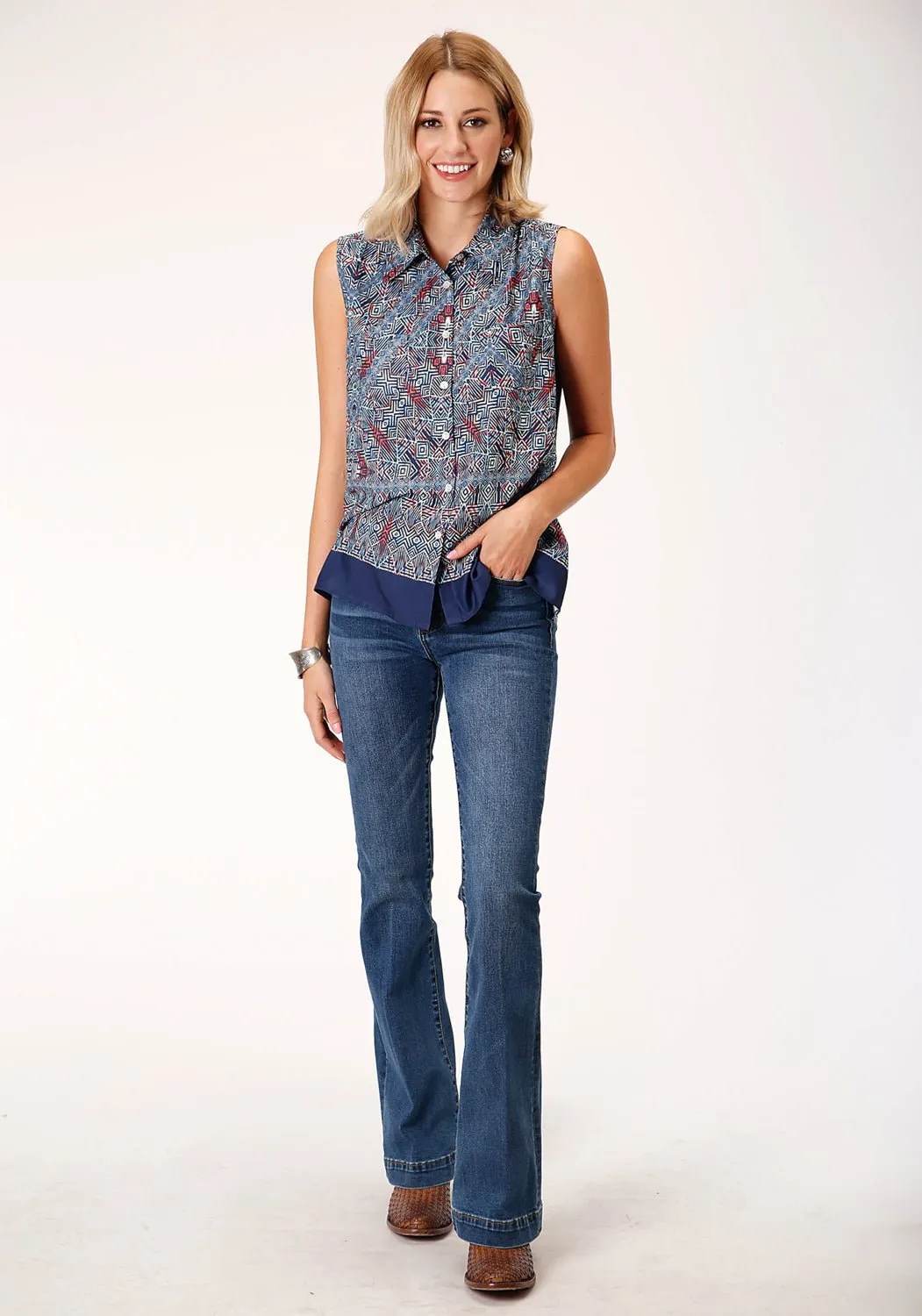 Roper Womens Blue Polyester Tribal Border S/L Blouse Street Chic