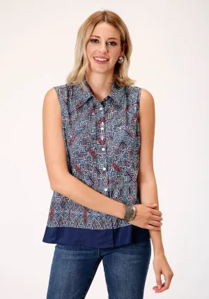 Roper Womens Blue Polyester Tribal Border S/L Blouse Flexible Mobility Weekend Wear Button Down Design Roper Womens Blue Polyester Tribal Border S/L Blouse
