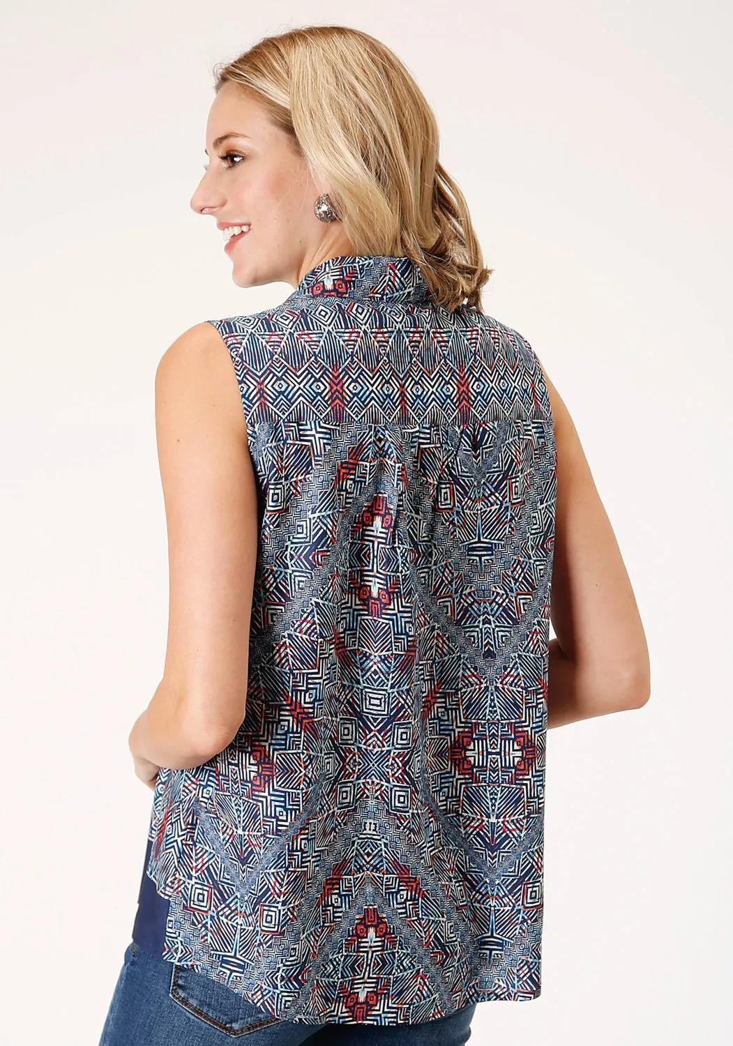 Geometric Print Chic Ensemble Roper Womens Blue Polyester Tribal Border S/L Blouse