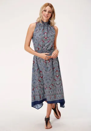 Roper Womens Blue Polyester Tribal Border S/L Hi-Lo Dress Smart Shape Textured Bold Roper Womens Blue Polyester Tribal Border S/L Hi-Lo Dress