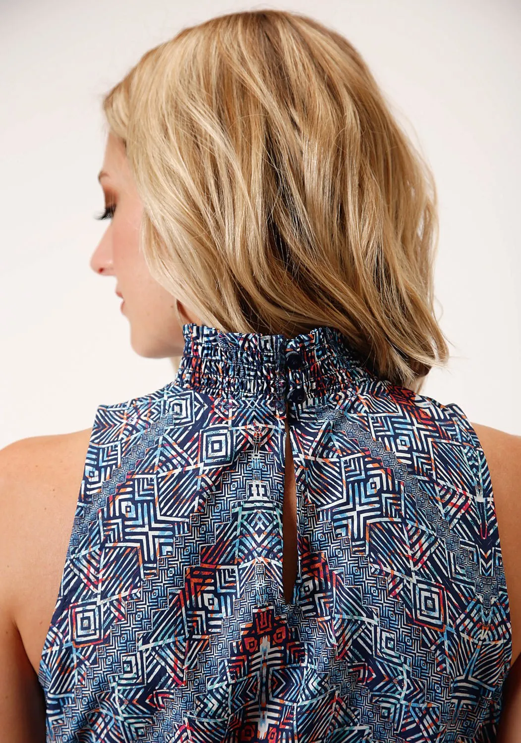 Roper Womens Blue Polyester Tribal Border S/L Hi-Lo Dress Modern Minimalist Rainy Day
