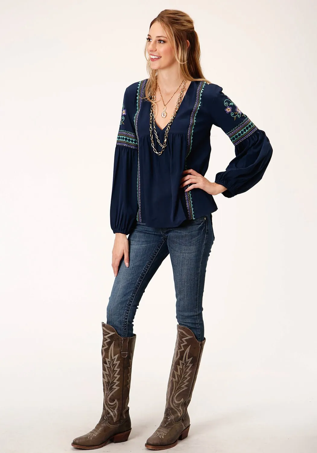 Layer game Teen Outfit Outdoor Adventure Sunny Vibes Roper Womens Blue Polyester V-Neck Peasant L/S Blouse