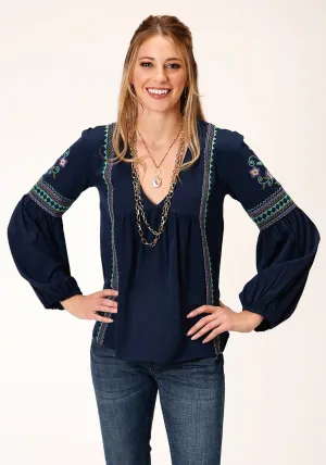 Roper Womens Blue Polyester V-Neck Peasant L/S Blouse Vibrant Mode Go To Piece Roper Womens Blue Polyester V-Neck Peasant L/S Blouse
