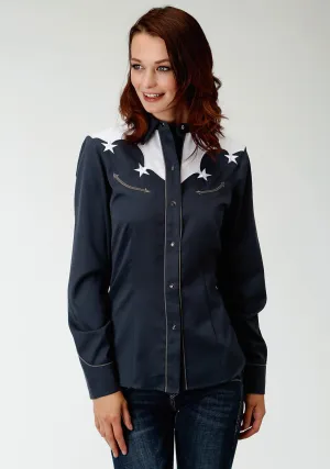 Roper Womens Blue Poly/Rayon Yokes & Stars L/S Shirt Sporty Twist Roper Womens Blue Poly/Rayon Yokes & Stars L/S Shirt Weekend Vibes Flex Knit Waist Panel