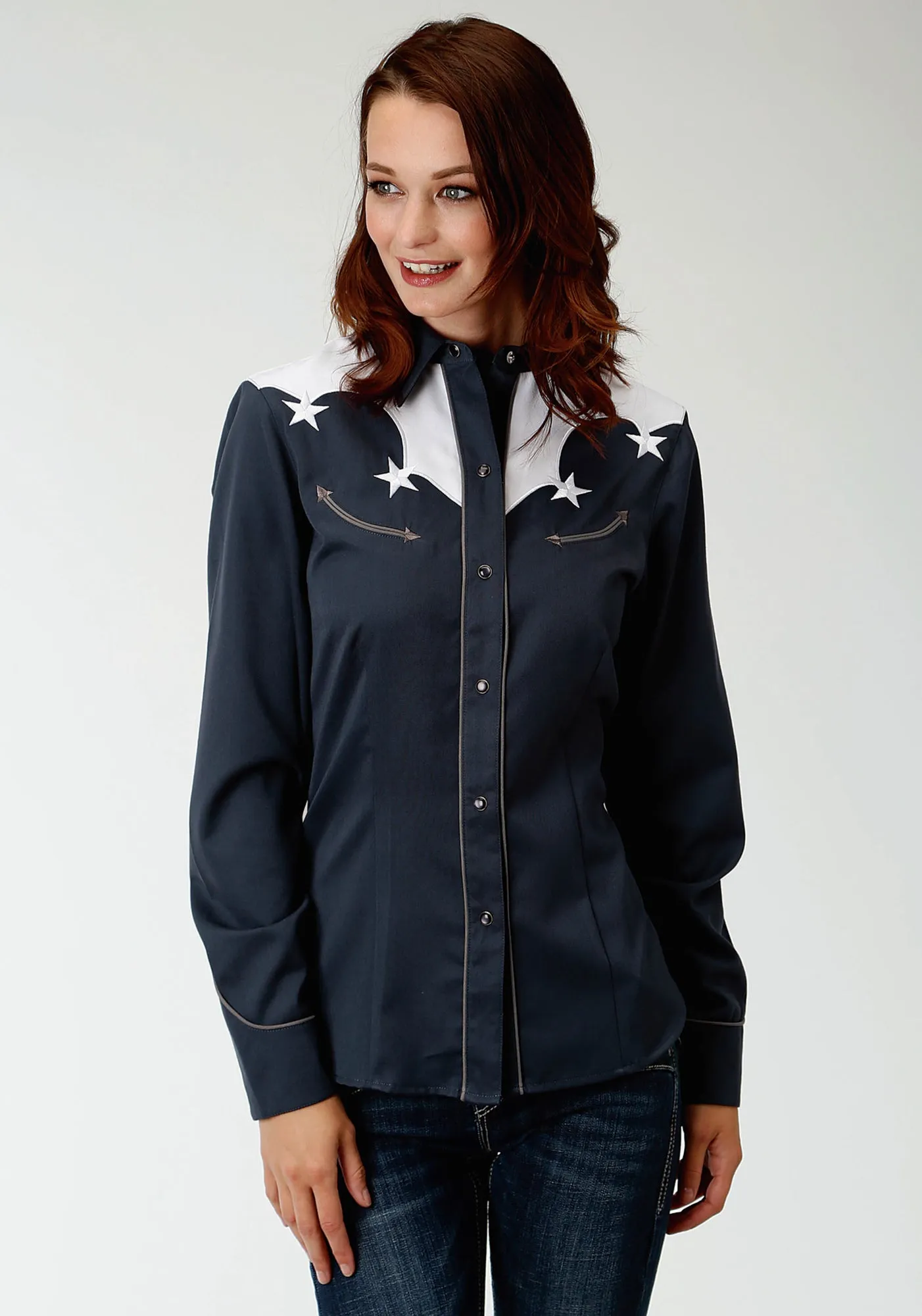 Roper Womens Blue Poly/Rayon Yokes & Stars L/S Shirt Holiday Vibes Date Night Lightweight