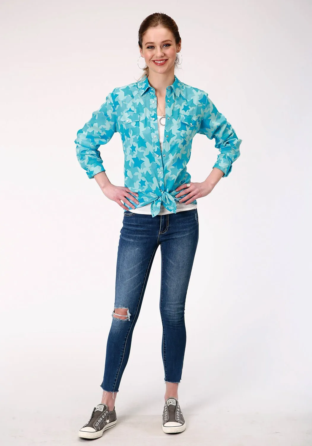 Rainy Day Vintage Lover Spring Mood Elegant City Walk Roper Womens Blue Rayon/Nylon Star Print L/S Western Blouse