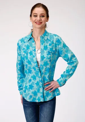 Roper Womens Blue Rayon/Nylon Star Print L/S Western Blouse Clean Aesthetic Lifestyle Piece Roper Womens Blue Rayon/Nylon Star Print L/S Western Blouse