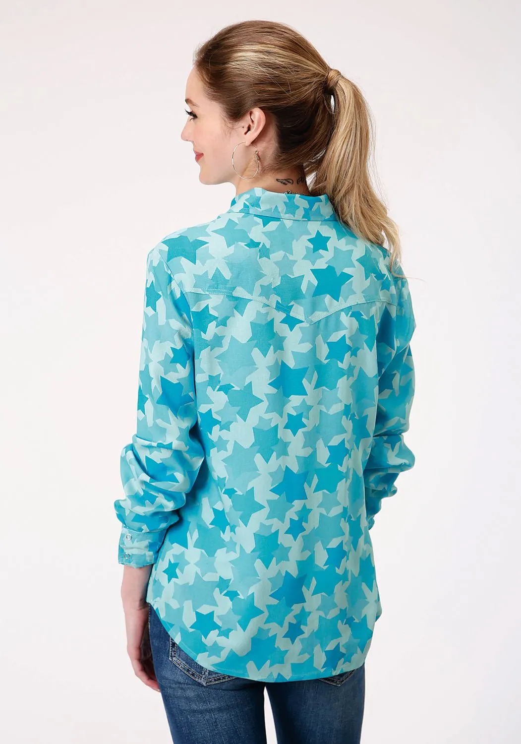 Home Comfort Teen Outfit Classic Gym Ready Roper Womens Blue Rayon/Nylon Star Print L/S Western Blouse