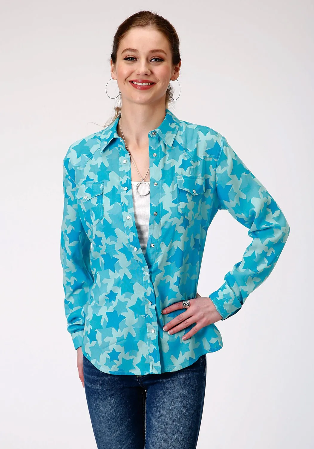 Lifestyle Piece Roper Womens Blue Rayon/Nylon Star Print L/S Western Blouse