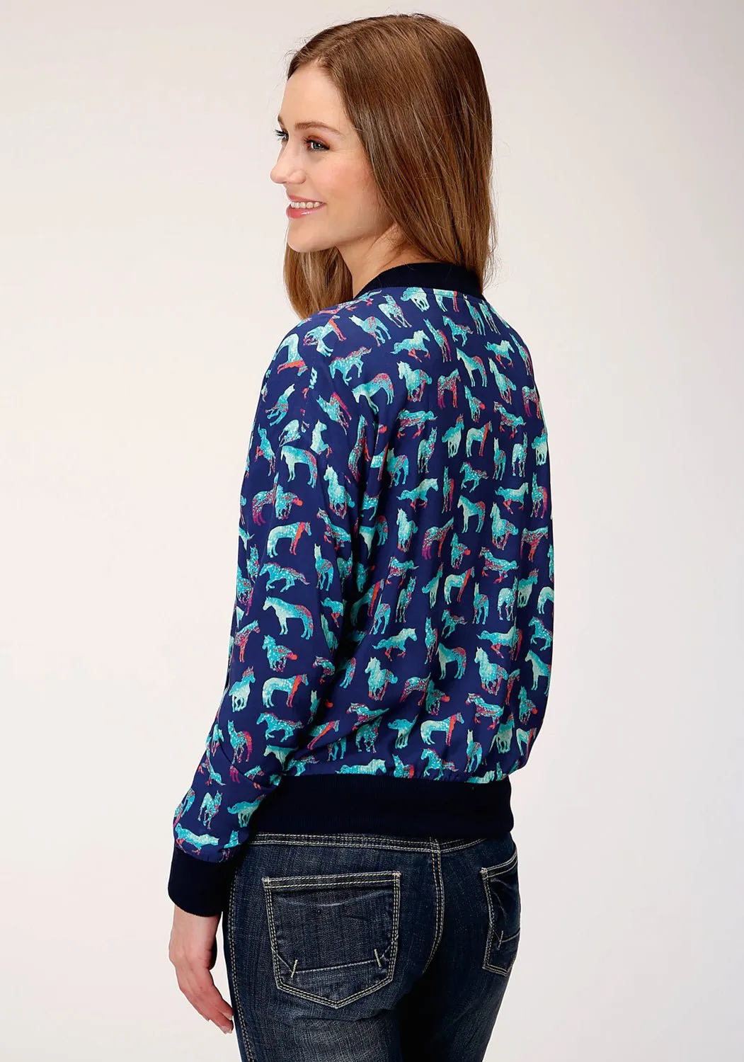 Unisex Wear Elegant Vintage Lover Roper Womens Blue Rayon/Nylon Wild Horse Bomber Jacket