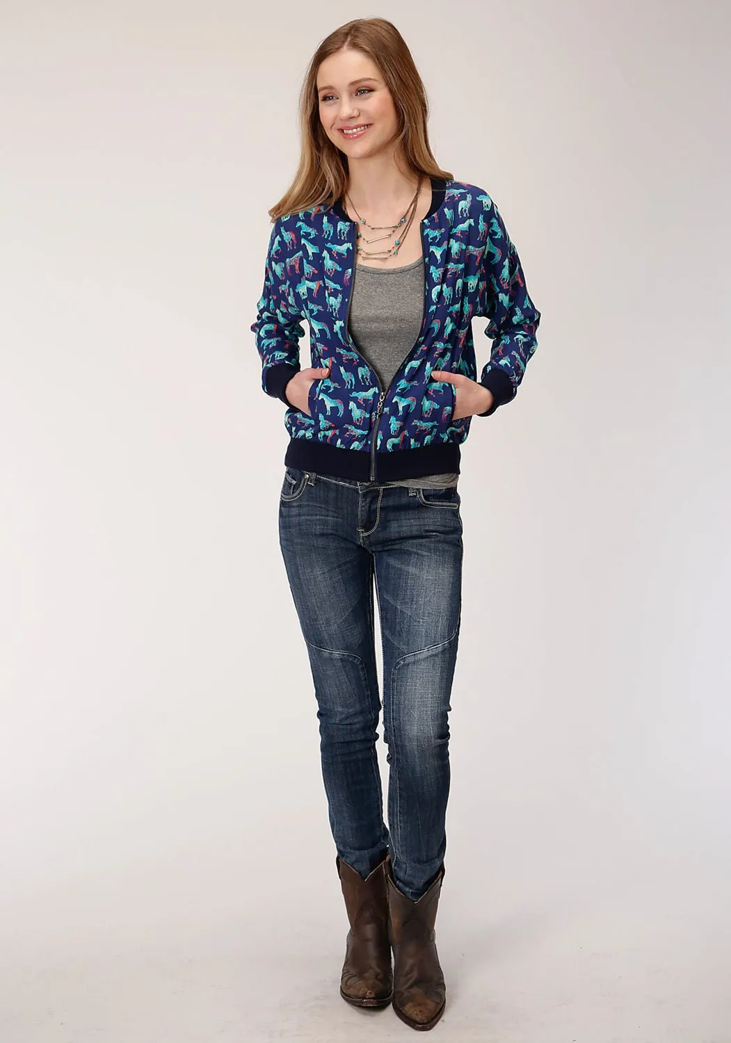 Roper Womens Blue Rayon/Nylon Wild Horse Bomber Jacket Luxury Student Outfit Layer game