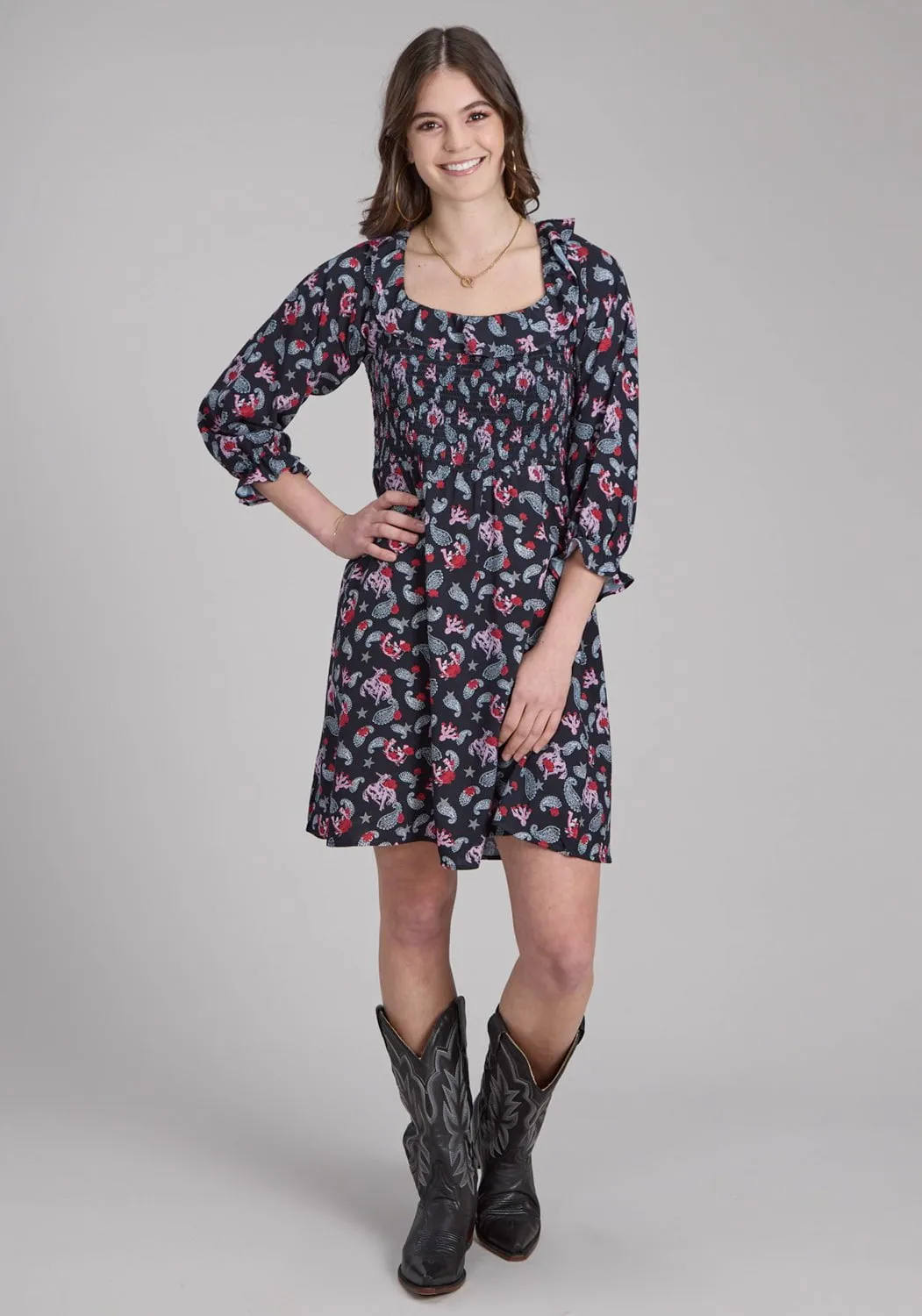Utility Style Roper Womens Bronc Riders Black 100% Rayon 3/4 Sleeve Dress