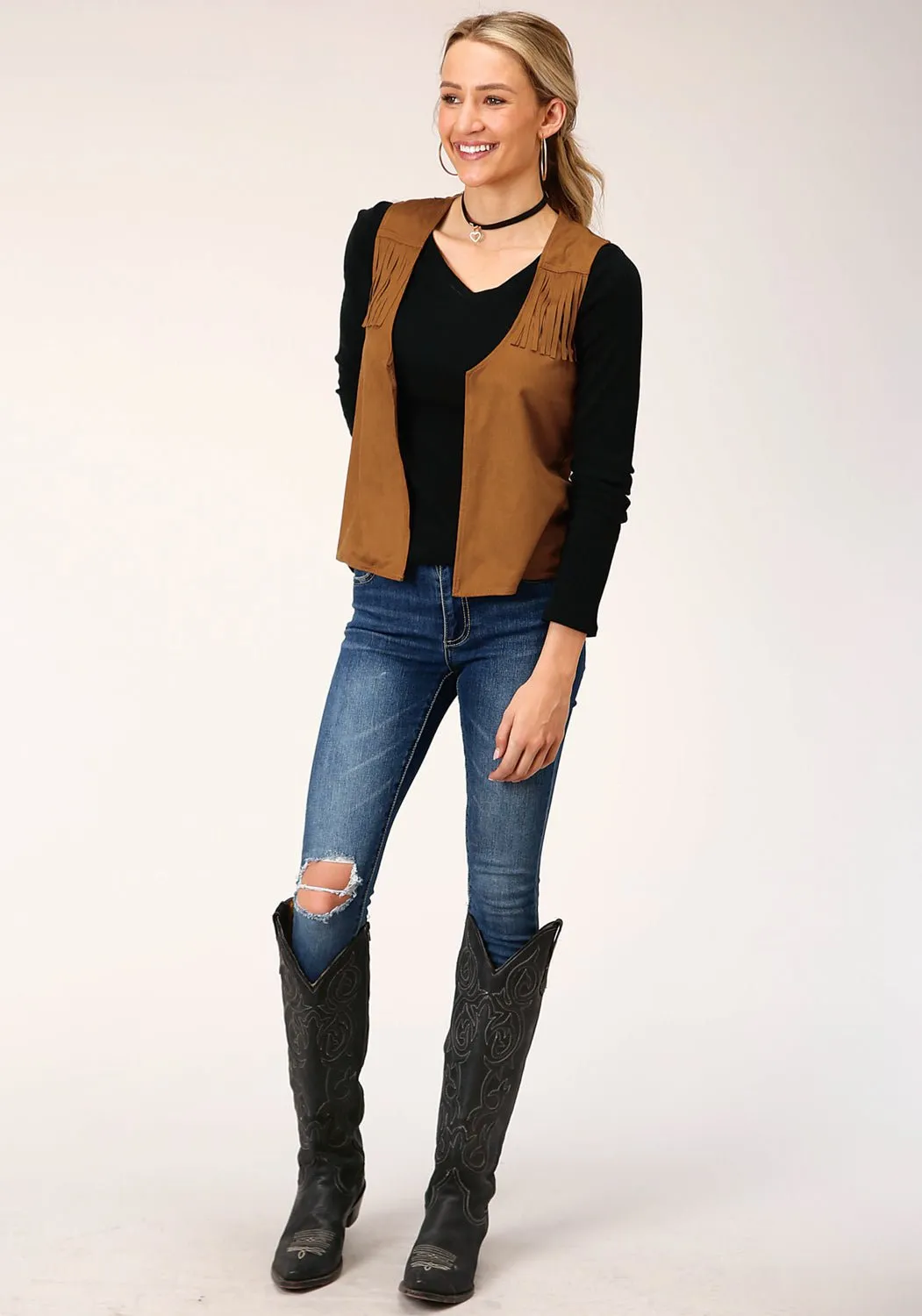 Roper Womens Brown Polyester Faux Suede Fringe Vest Comfortable Tailoring Great Base