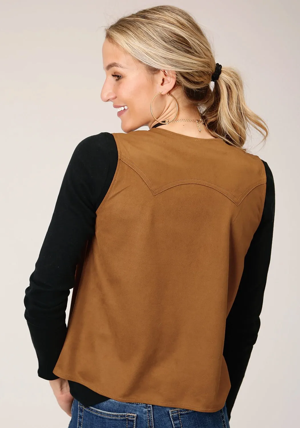 Roper Womens Brown Polyester Faux Suede Fringe Vest Eco Friendly Dye Process Effortless Layer