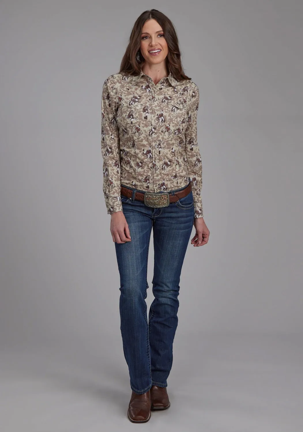 Cozy Fit Roper Womens Brushstroke Cowboys Brown 100% Cotton L/S Shirt