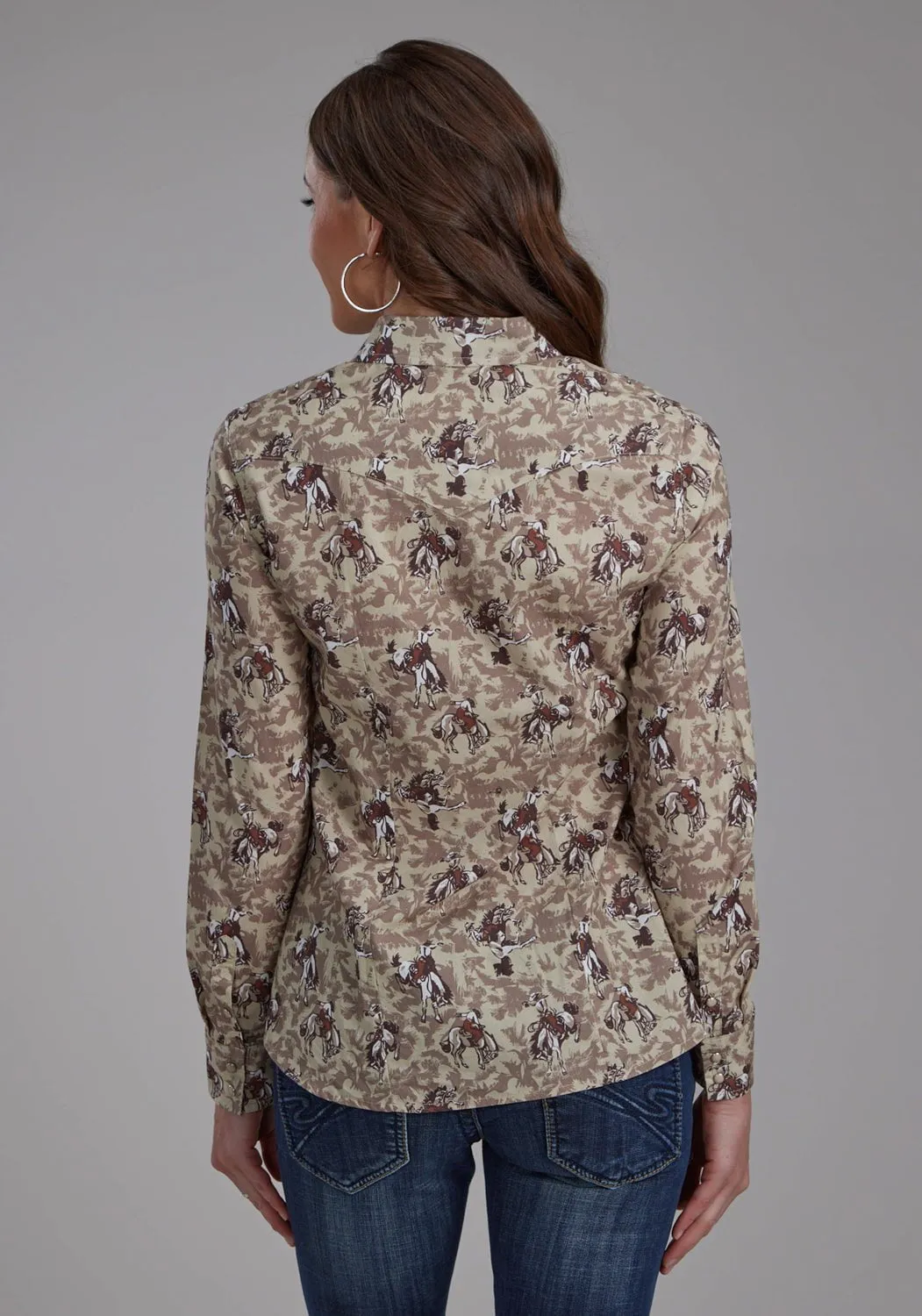 Roper Womens Brushstroke Cowboys Brown 100% Cotton L/S Shirt Wrinkle-Resistant