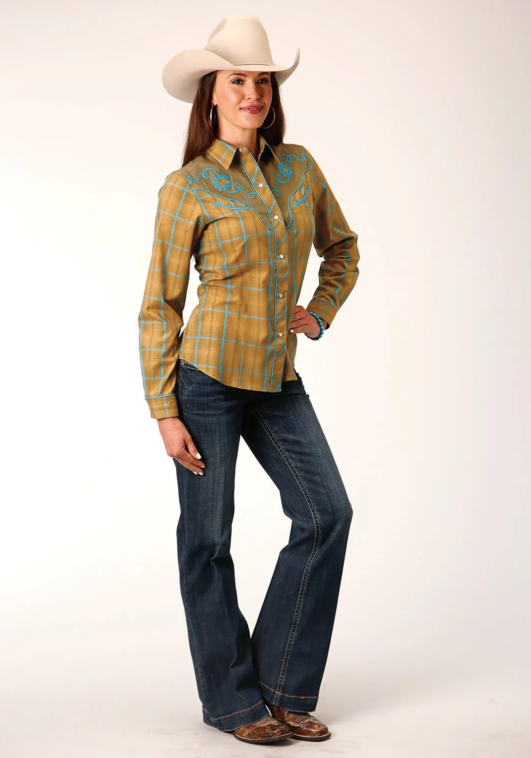 Structured Collar Double Needle Hemming Roper Womens Butterscotch Plaid Yellow Cotton Blend L/S Shirt