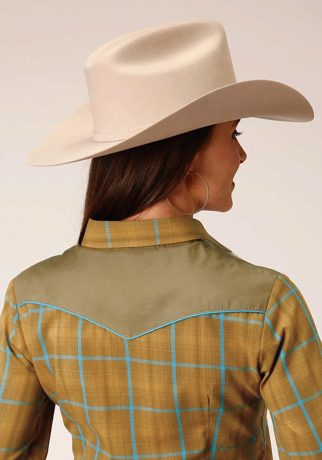 Roper Womens Butterscotch Plaid Yellow Cotton Blend L/S Shirt Odor Control Fabric