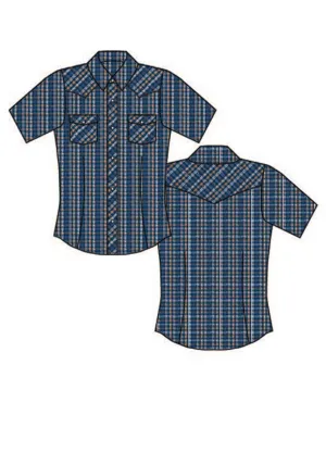 Roper Womens Butterscotch Small Scale Blue Cotton Blend S/S Shirt Abrasion resistant Roper Womens Butterscotch Small Scale Blue Cotton Blend S/S Shirt Flex Fit Collar