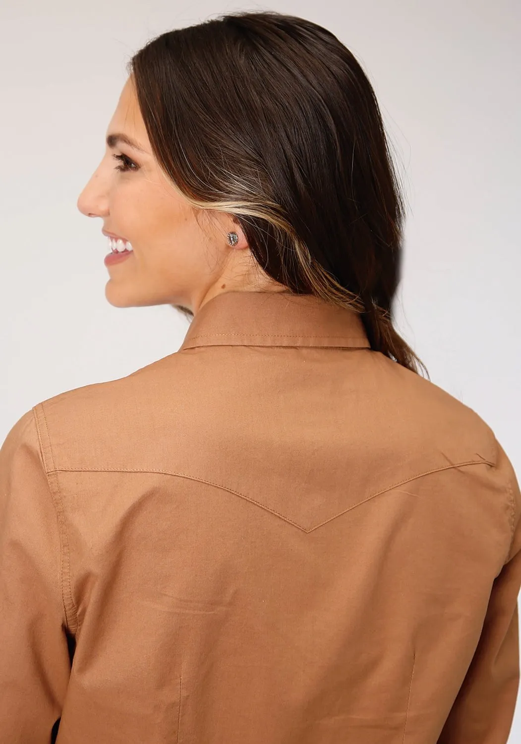 Roper Womens Caramel 100% Cotton Poplin L/S Snap Shirt Flat Lock Stitching