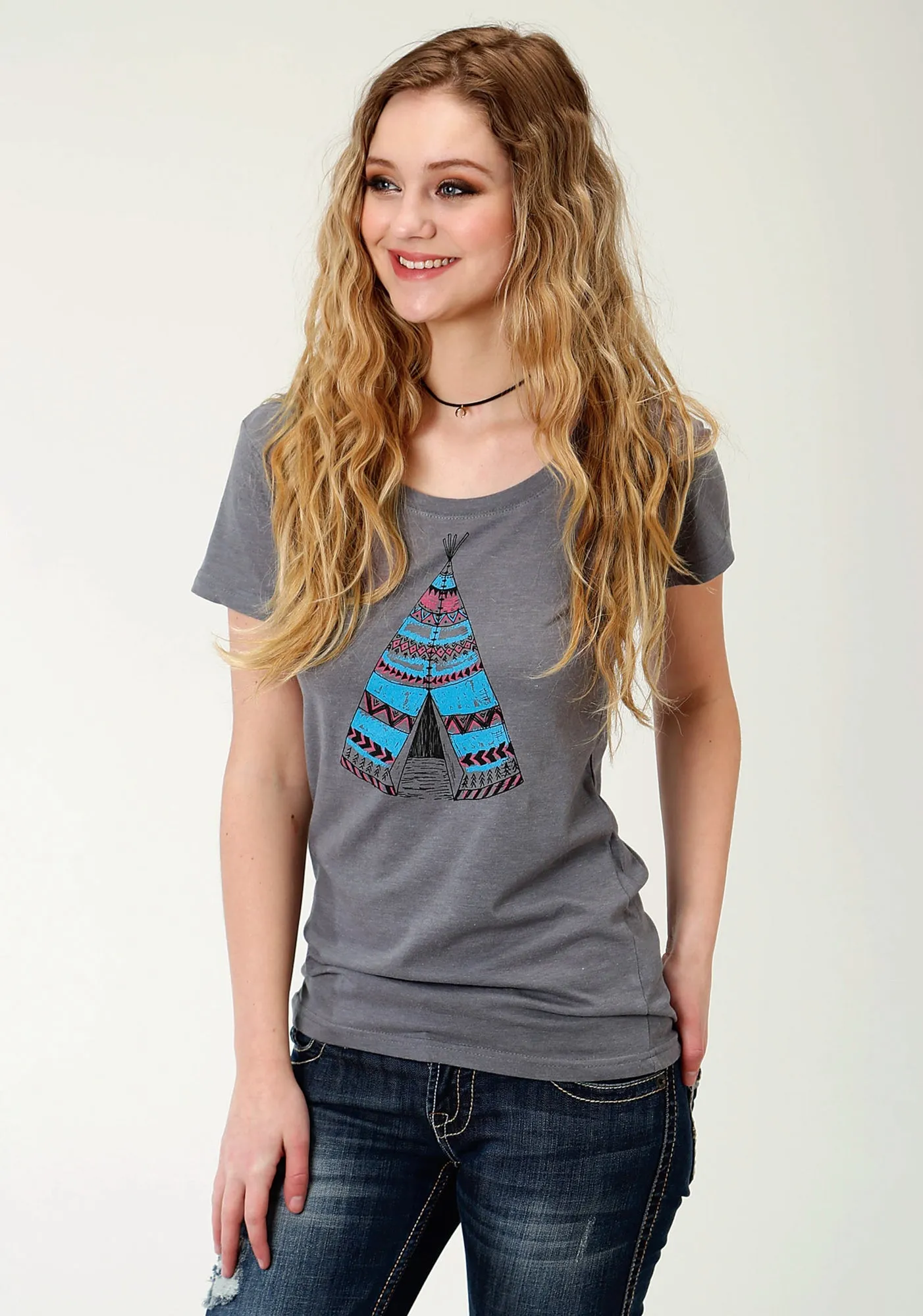 Roper Womens Charcoal Gray Cotton Blend Teepee S/S T-Shirt hypoallergenic