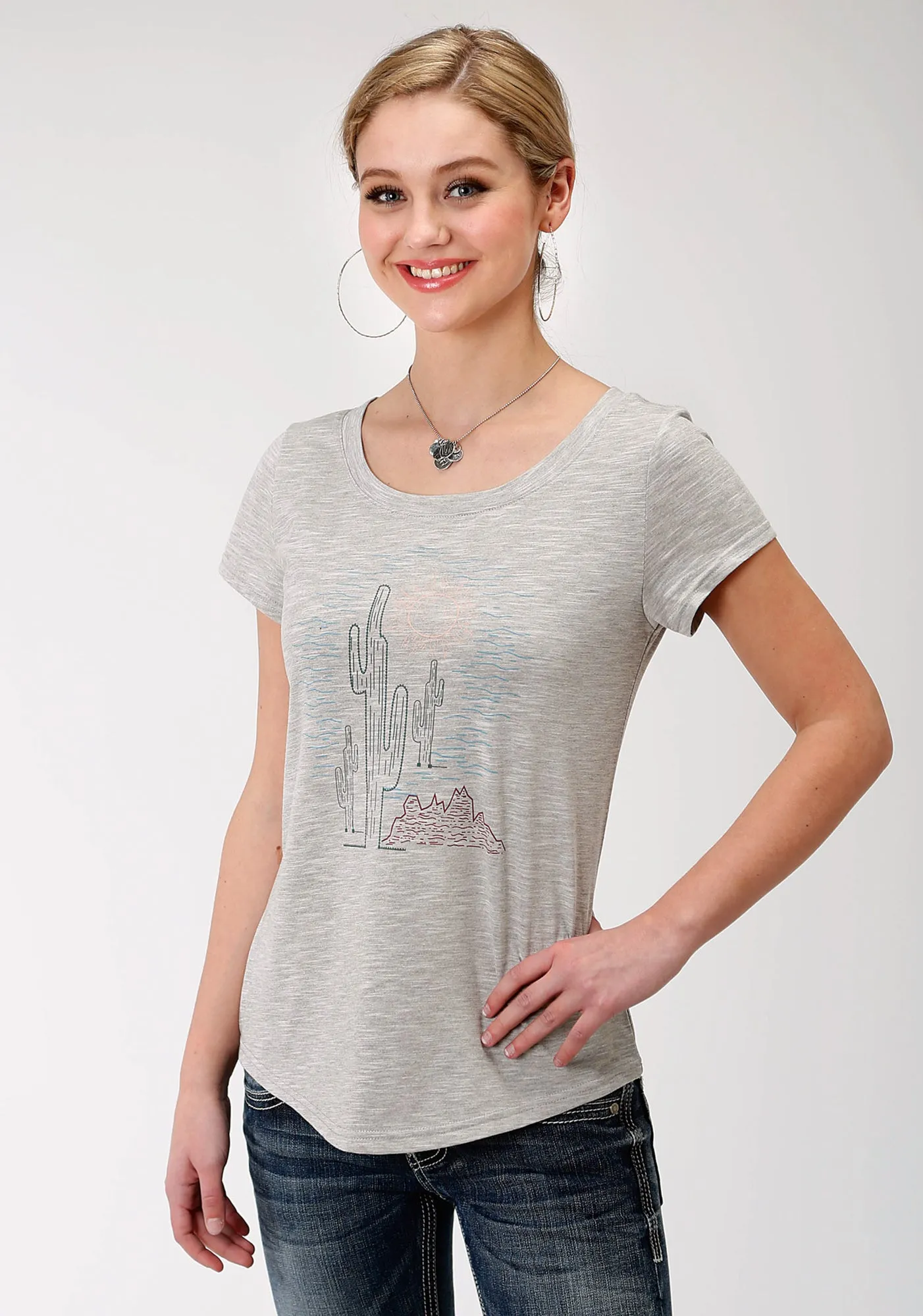 Cozy Option Comfortable Design Roper Womens Charcoal Grey Poly/Rayon Cacti S/S T-Shirt