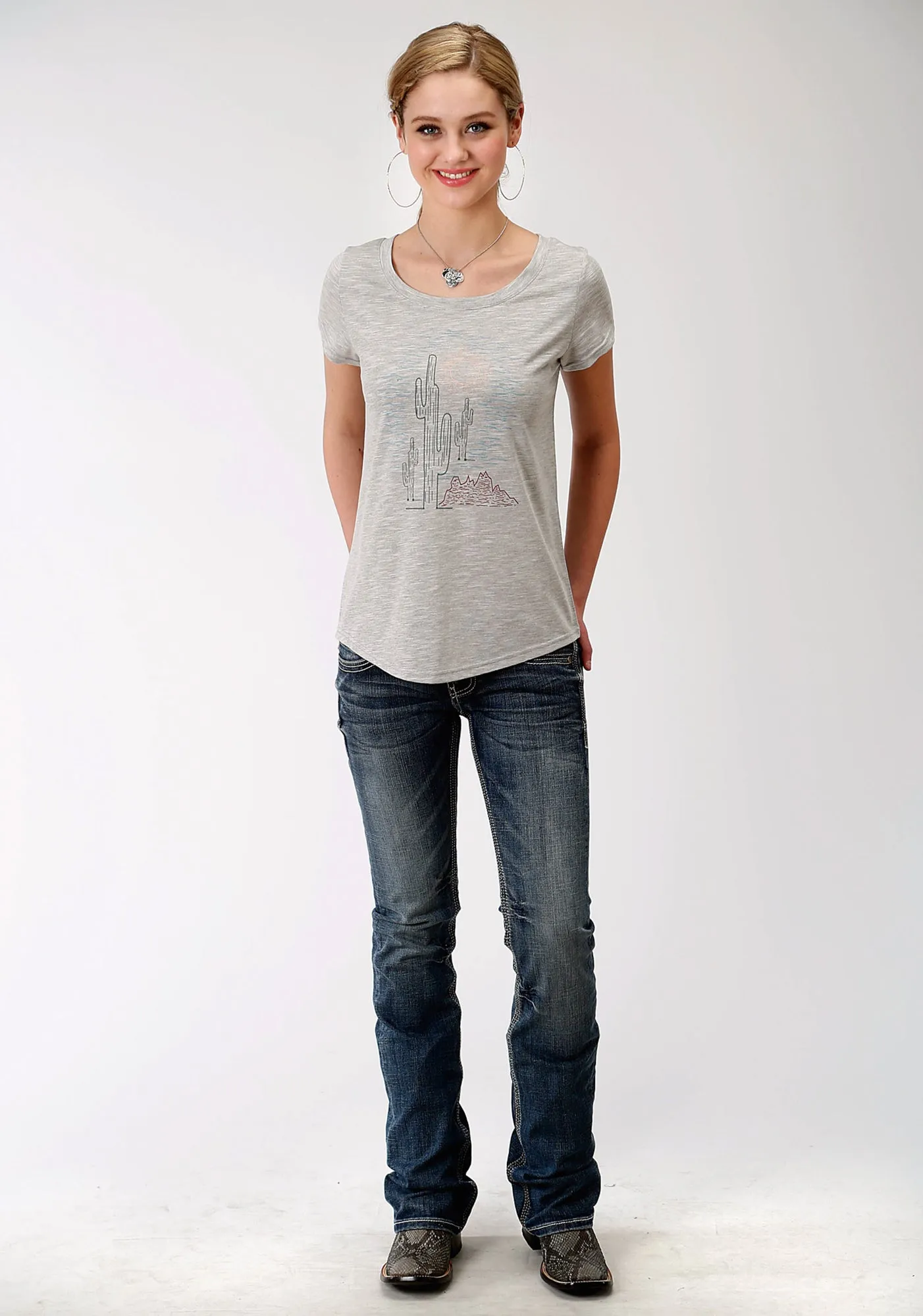 Roper Womens Charcoal Grey Poly/Rayon Cacti S/S T-Shirt formal dinner Sustainable Material